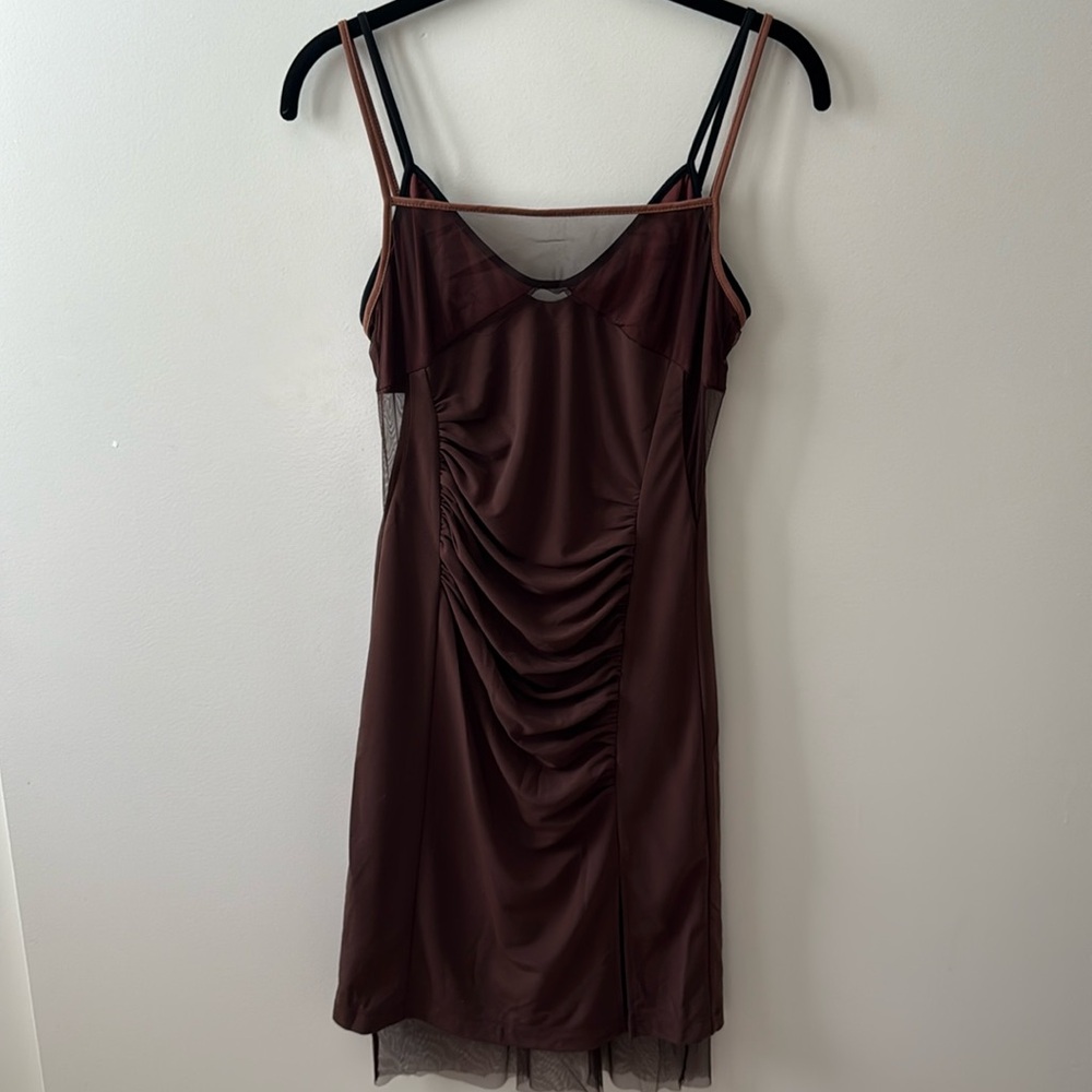HELMUT LANG brown layered mesh and jersey Mini dress